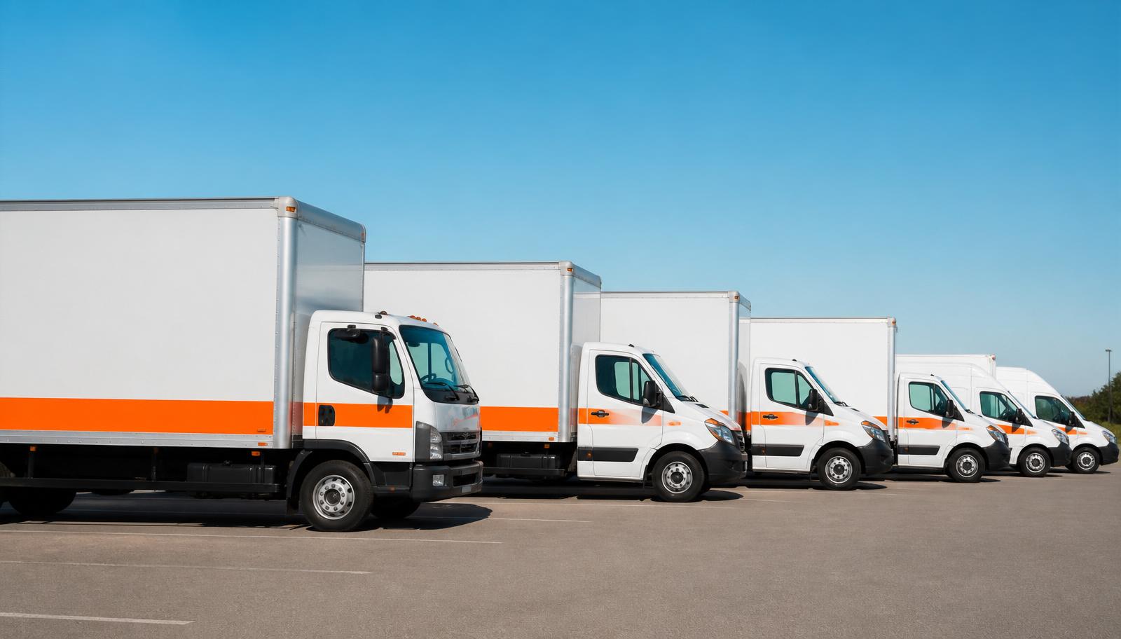 Line of orange and white moving trucks and cargo vans